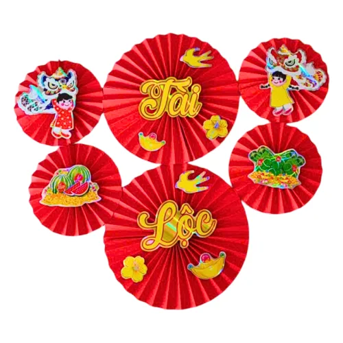 Set 6 Quạt Xếp Đỏ In Ép Kim Nhiều Chữ Trang Trí Tết (Nhiều Mẫu)