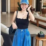 Sét áo 2 dây răng cưa + chân váy jean midi dài