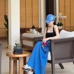 Sét áo 2 dây răng cưa + chân váy jean midi dài