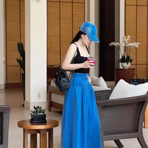 Sét áo 2 dây răng cưa + chân váy jean midi dài