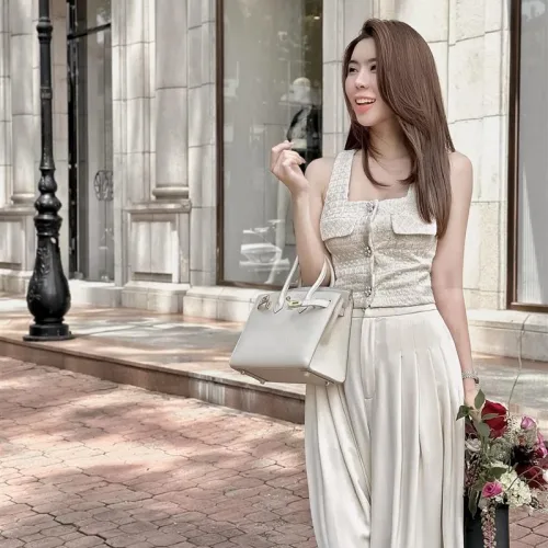 Sét áo bố cổ vuông + quần suông xếp ly