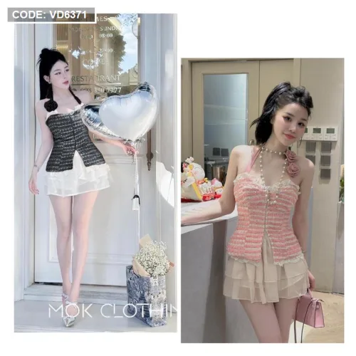 Sét áo bố đính nơ hoa + chân váy tầng
