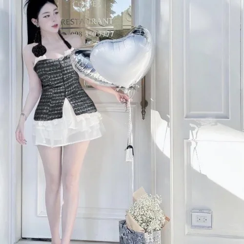 Sét áo bố đính nơ hoa + chân váy tầng