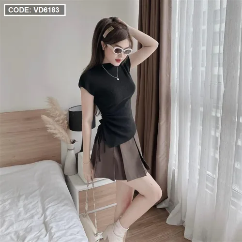 Sét áo cổ cao rút dây hông + chân váy xếp ly 2 màu
