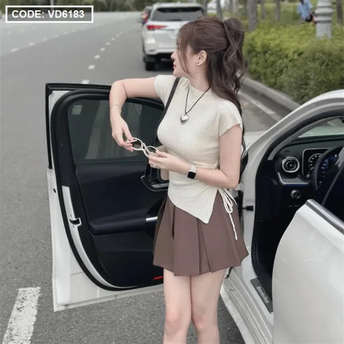 Sét áo cổ cao rút dây hông + chân váy xếp ly 2 màu