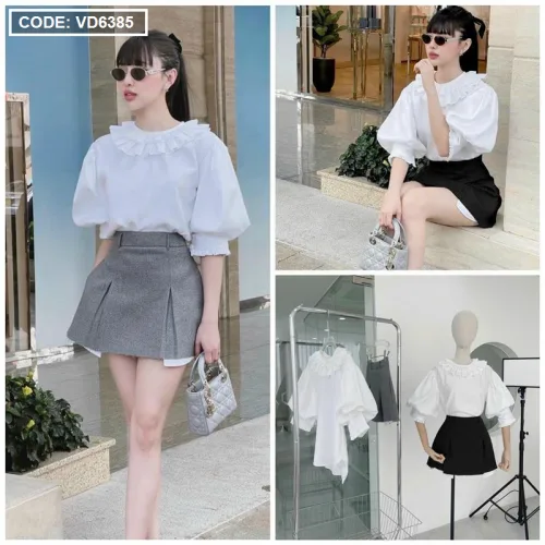 Sét áo cổ xếp + chân váy xếp phối xinh