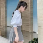 Sét áo cổ xếp + chân váy xếp phối xinh