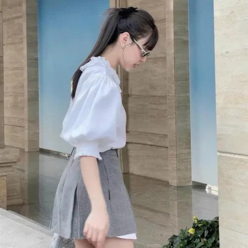 Sét áo cổ xếp + chân váy xếp phối xinh