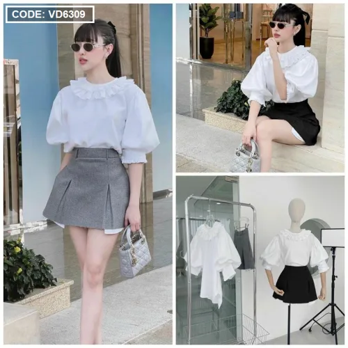 Sét áo cổ xếp + chân váy xếp phối xinh