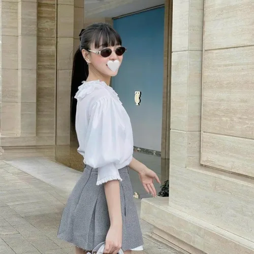 Sét áo cổ xếp + chân váy xếp phối xinh