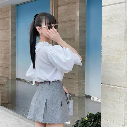 Sét áo cổ xếp + chân váy xếp phối xinh