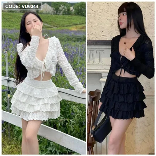 Sét áo crop ren cột + chân váy ren tầng baby