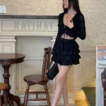 Sét áo crop ren cột + chân váy ren tầng baby