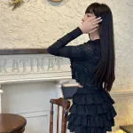 Sét áo crop ren cột + chân váy ren tầng baby