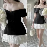 Sét áo đen bẹt vai + chân váy ren trắng tầng