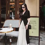Sét áo đen form dài xẻ tà cổ v + quần suông trắng