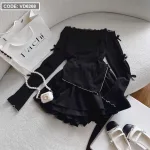 Sét áo đen lệch vai viền ren tag hoa tay + chân váy