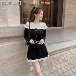 Sét áo đen phối cổ ren trắng bèo + chân váy