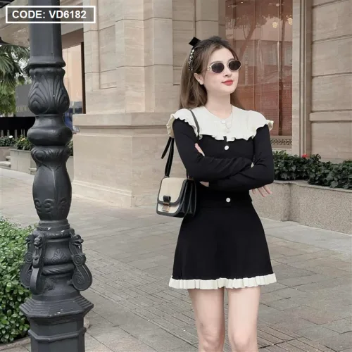 Sét áo đen phối cổ ren trắng bèo + chân váy