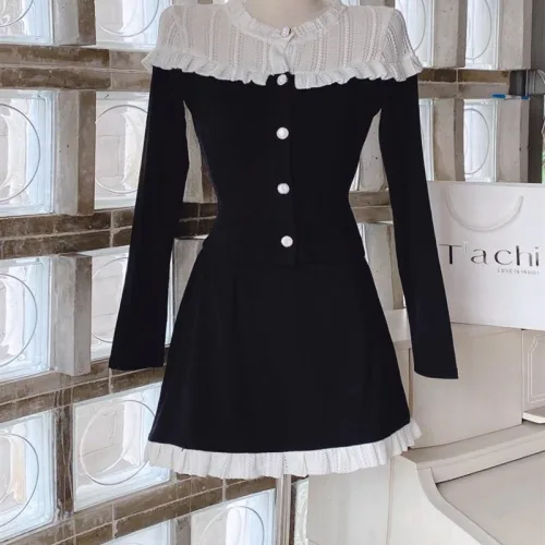 Sét áo đen phối cổ ren trắng bèo + chân váy