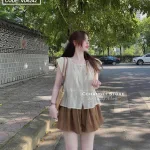 Sét áo doll nude viền ren  + short nâu