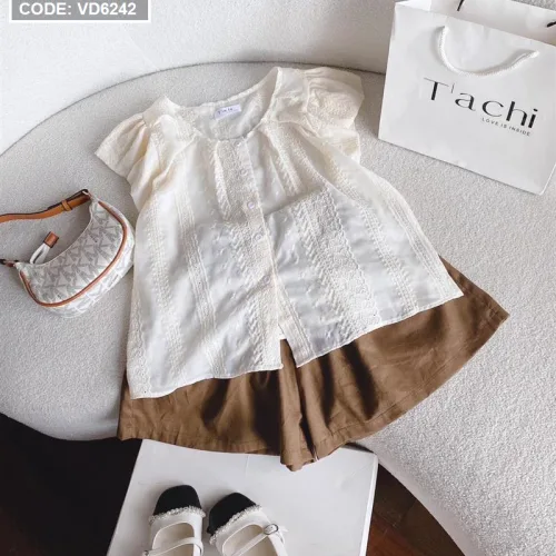 Sét áo doll nude viền ren  + short nâu