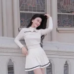 Sét áo gân tay dài cổ cột nơ + chân váy xếp ly