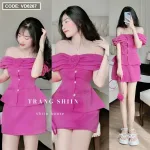 Sét áo hồng trễ vai tag nơ + chân váy