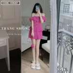 Sét áo hồng trễ vai tag nơ + chân váy