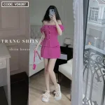 Sét áo hồng trễ vai tag nơ + chân váy