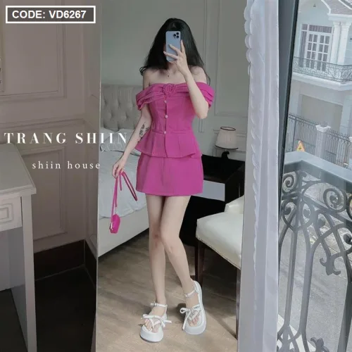 Sét áo hồng trễ vai tag nơ + chân váy