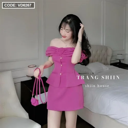 Sét áo hồng trễ vai tag nơ + chân váy