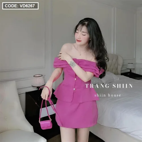 Sét áo hồng trễ vai tag nơ + chân váy