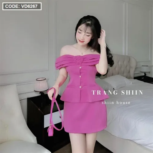 Sét áo hồng trễ vai tag nơ + chân váy