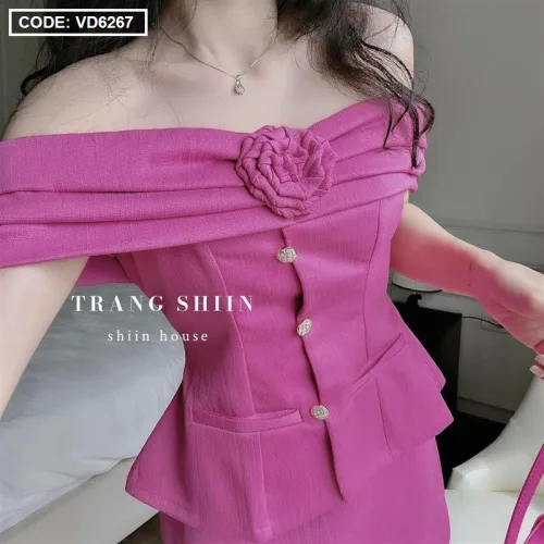 Sét áo hồng trễ vai tag nơ + chân váy