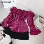 Sét áo hồng trễ vai tay loe + chân váy