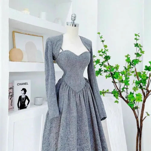 Sét áo khoác + đầm 2 dây maxi dài