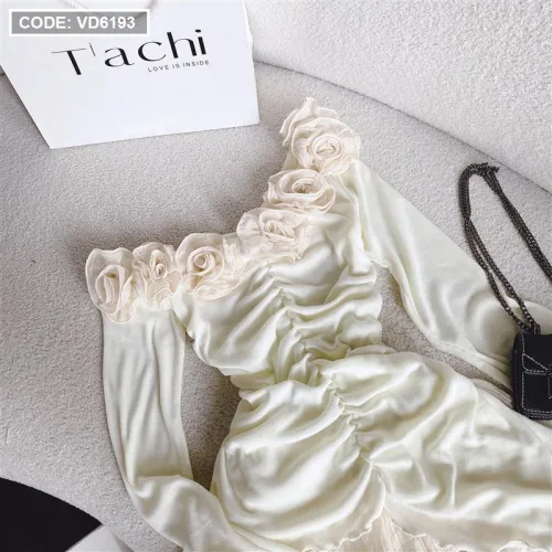 Sét áo lệch vai kết hoa nhún rút thân + chân váy