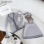 Sét áo len cổ v viền + chân váy 2 màu