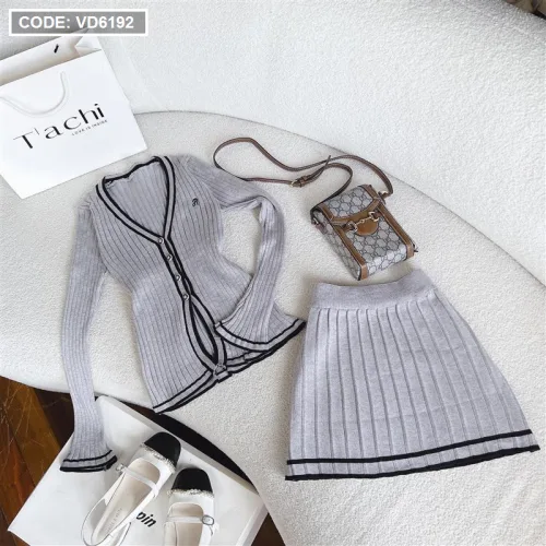 Sét áo len cổ v viền + chân váy 2 màu