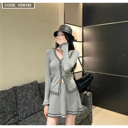 Sét áo len cổ v viền + chân váy 2 màu