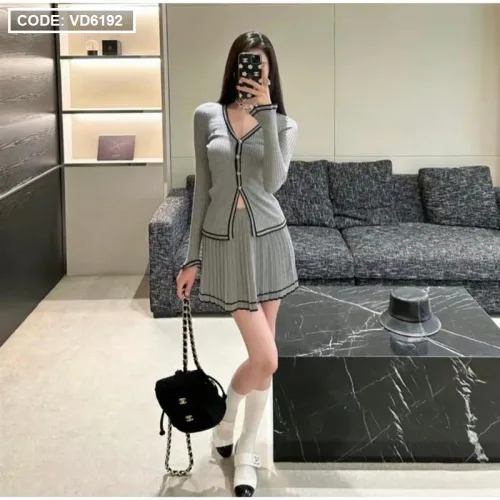 Sét áo len cổ v viền + chân váy 2 màu