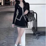 Sét áo len cổ v viền + chân váy 2 màu