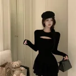 Sét áo nhung đen khoét ngực tay dài + chân váy xoè