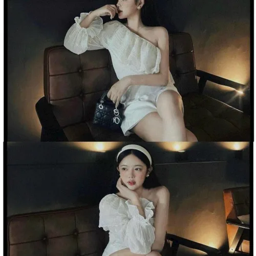 Sét áo nude bèo 1 bên tay + short trắng