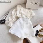 Sét áo nude bèo 1 bên tay + short trắng