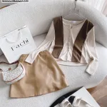 Sét áo nude kèm choàng cổ + chân váy nâu da
