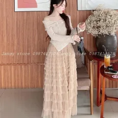 Sét áo nude len trễ vai bèo thắt nơ + chân váy midi ren tầng