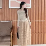Sét áo nude len trễ vai bèo thắt nơ + chân váy midi ren tầng
