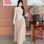 Sét áo nude len trễ vai bèo thắt nơ + chân váy midi ren tầng